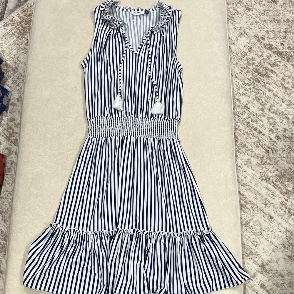 Cabana Life Blue and White Striped Ruffle Neck Top